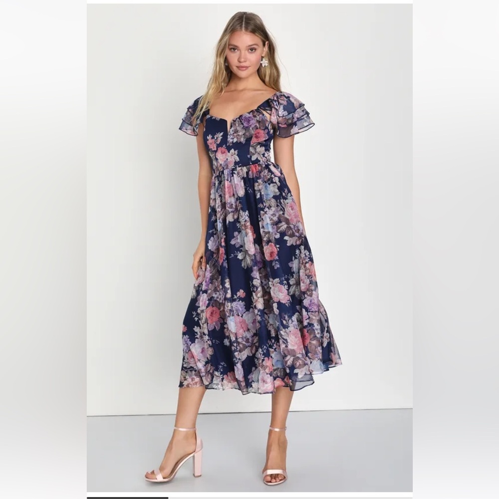 Lulus Lavish Occasions Navy Blue Floral Print Midi Dress